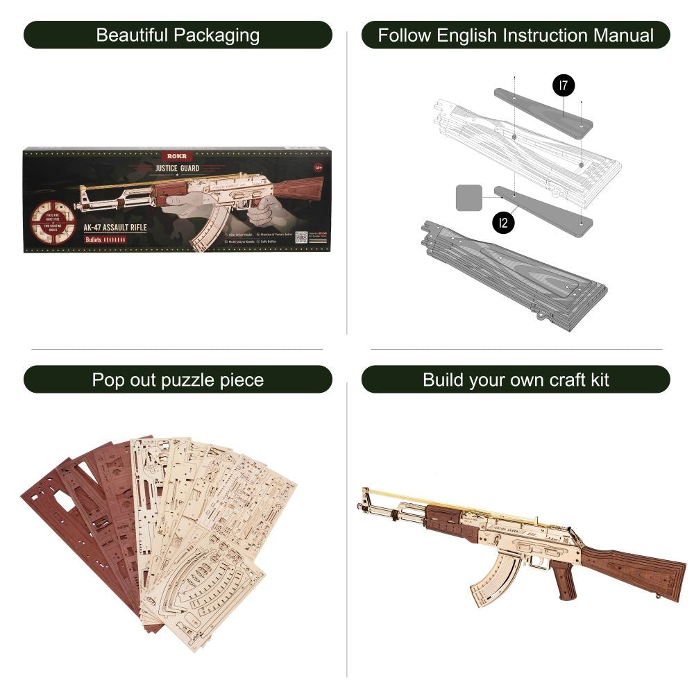 Gun Rokr Automatic Rifle AK-47 Gift For Boys Wooden Puzzle Gun Double Firing Model