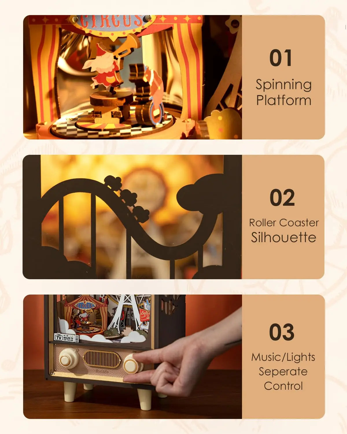 Carnival Music Boxes With Lights For Kids Adults Home Decoration Luxurious Design 3D Wooden Puzzle Toys