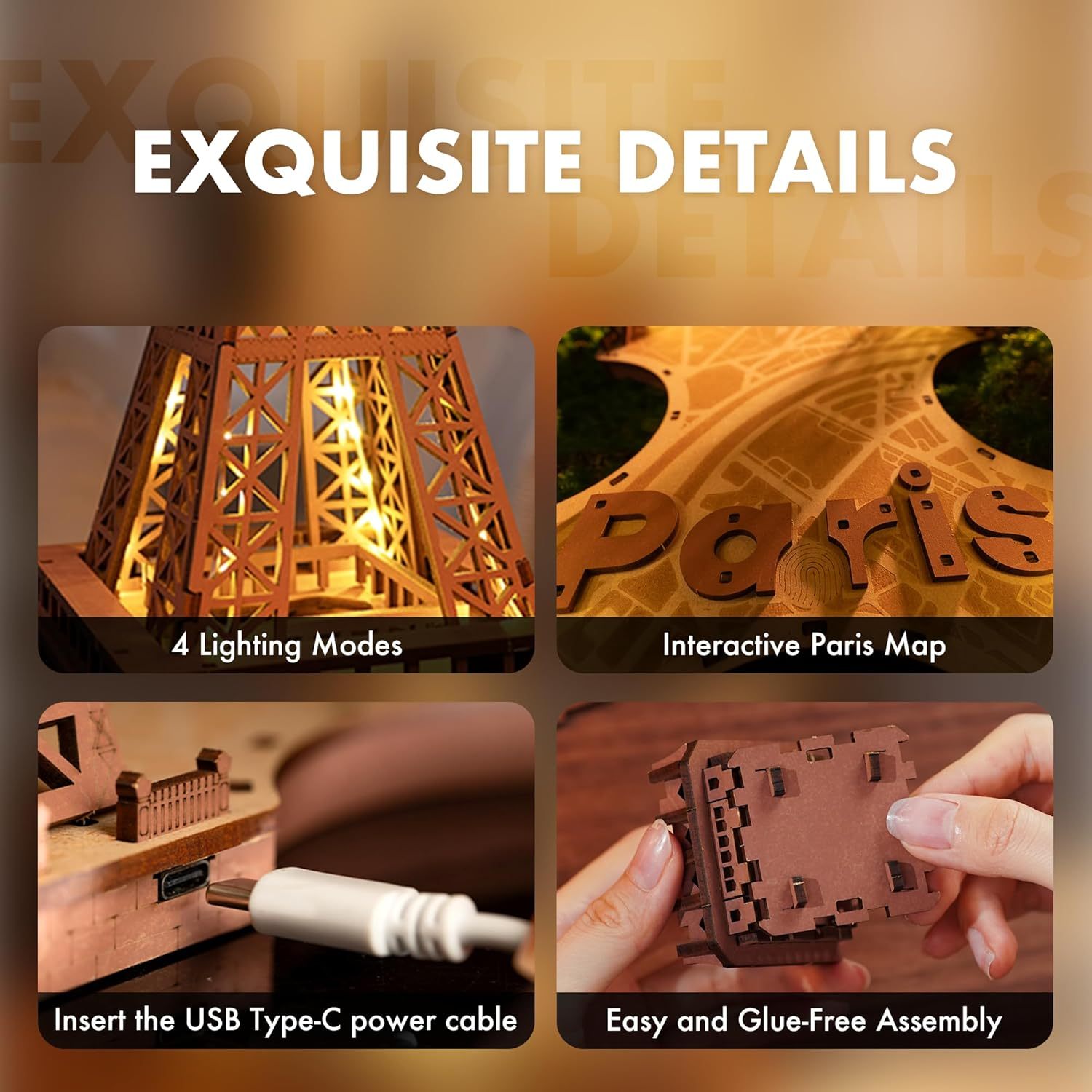 Night Of The Eiffel Tower Large Wooden Puzzle With 4 Light Shows For Gift